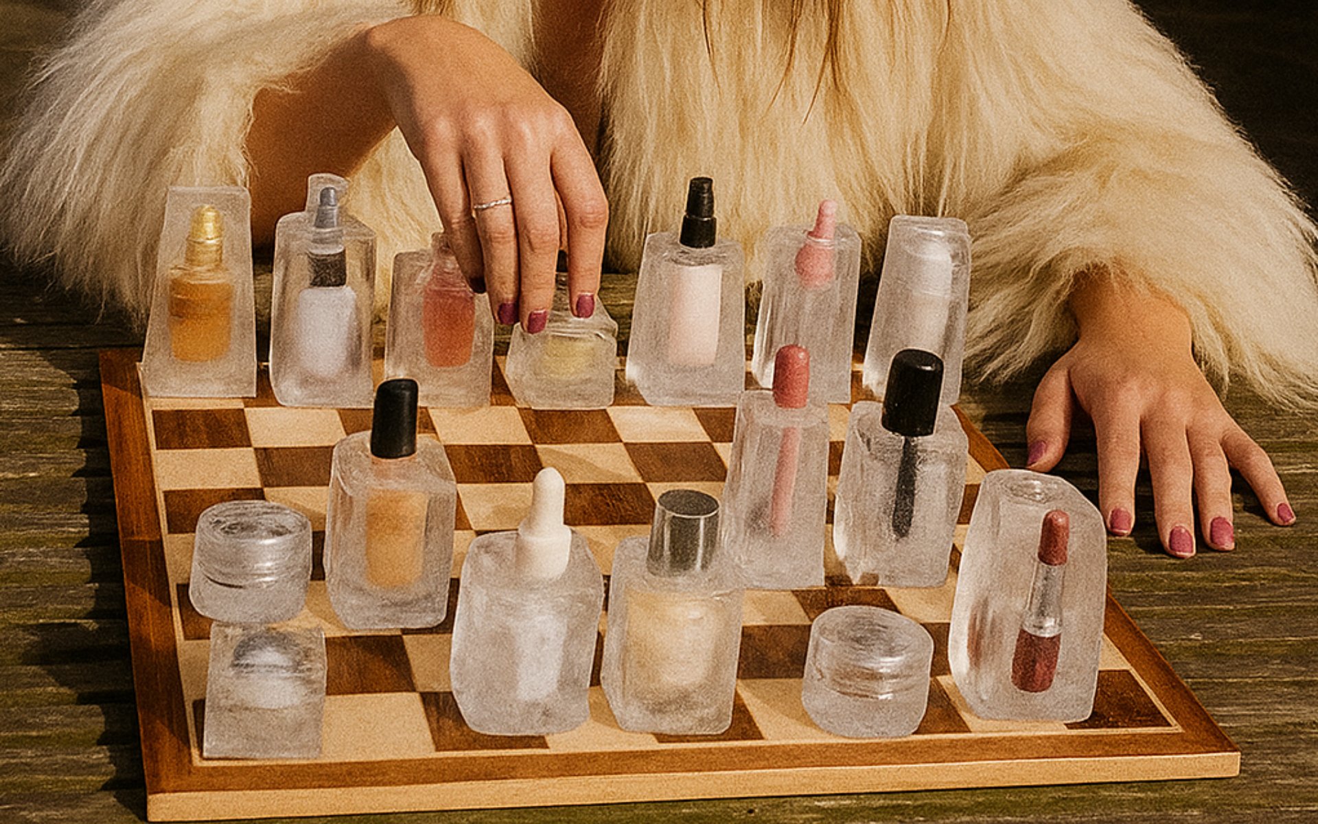 Beauty products frozen in ice, arranged on a chessboard