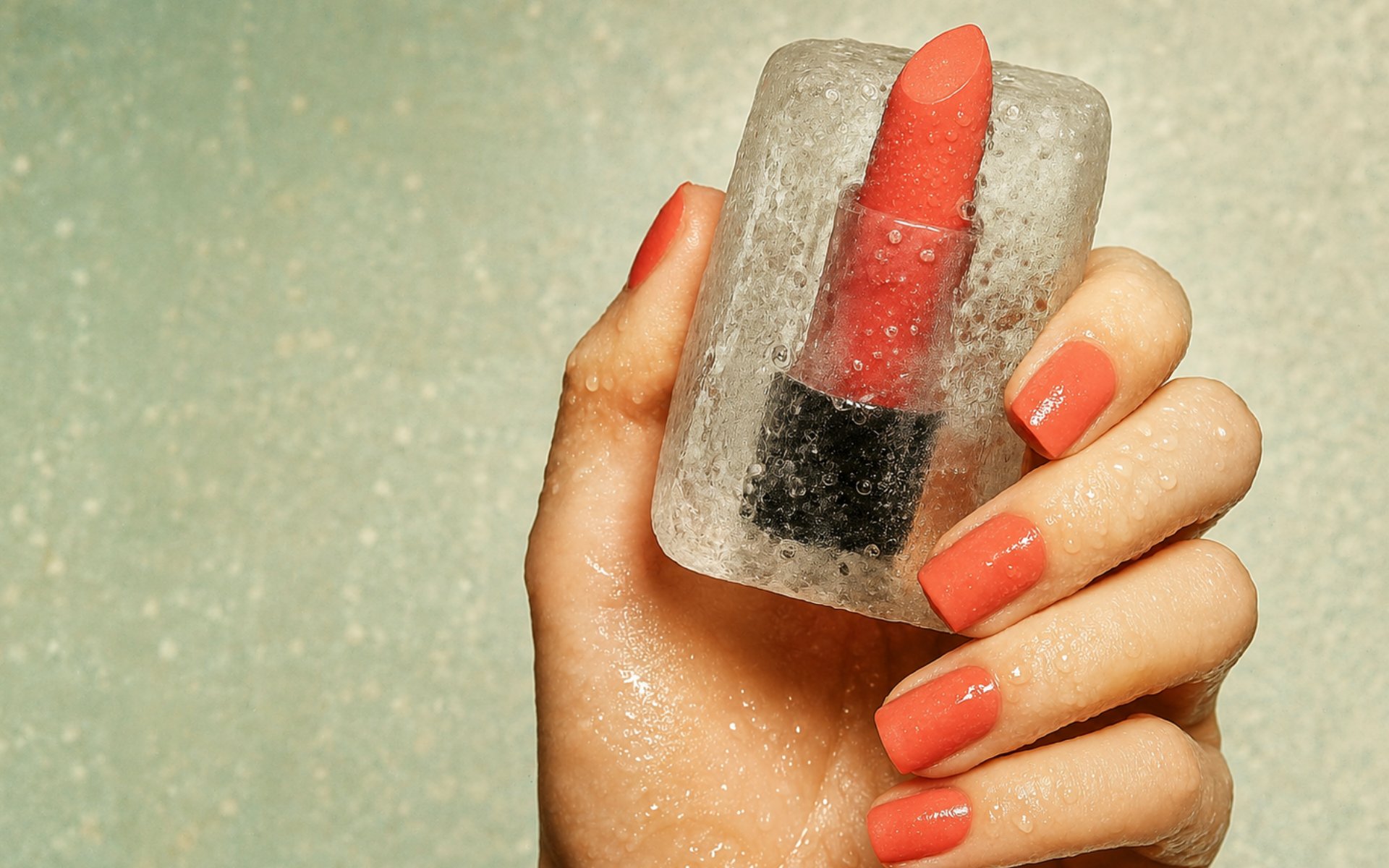 Hand holding a lipstick frozen in ice